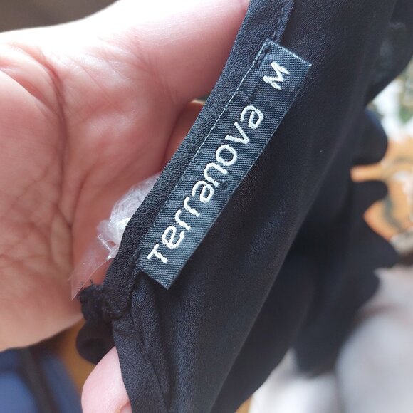 Long Sleeve Black Blouse Blousy Top with Shoulder Cut Outs Size Medium - Picture 5 of 5